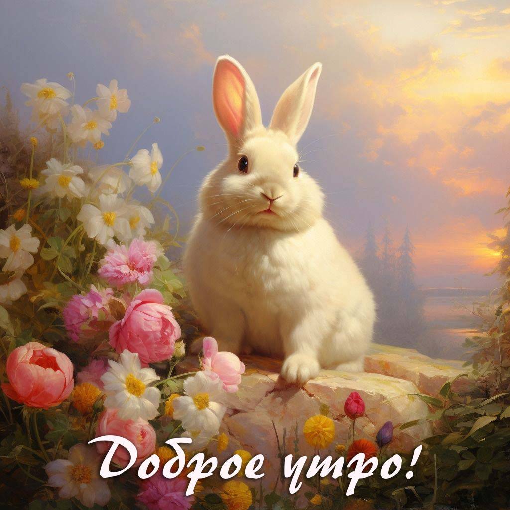 Белый кролик среди цветов на фоне рассвета
