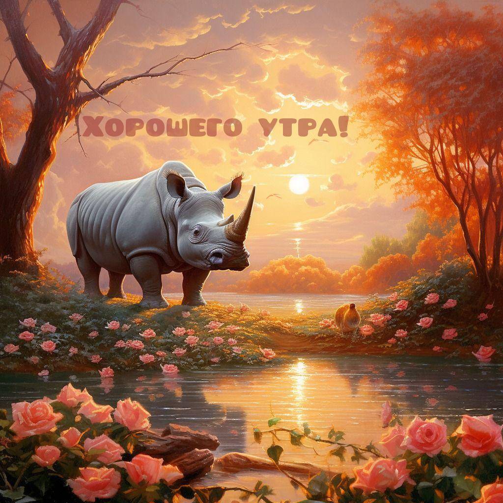Белый носорог у реки среди цветущих роз и деревьев