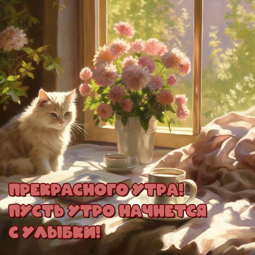 Белый пушистый кот на столе рядом с вазой розовых цветов и чашкой кофе