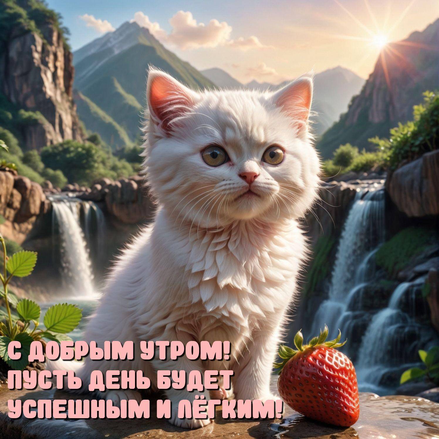 Белый пушистый кот рядом с клубникой на фоне водопадов