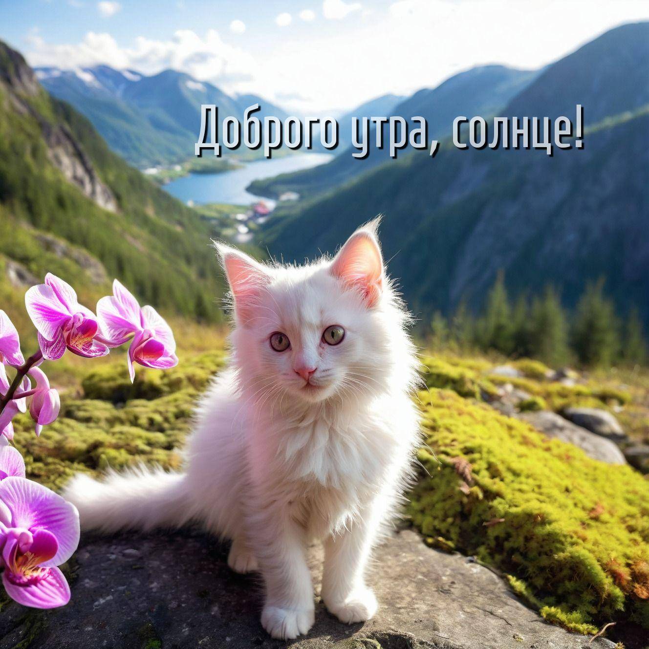 Белый пушистый котенок на фоне гор и озера