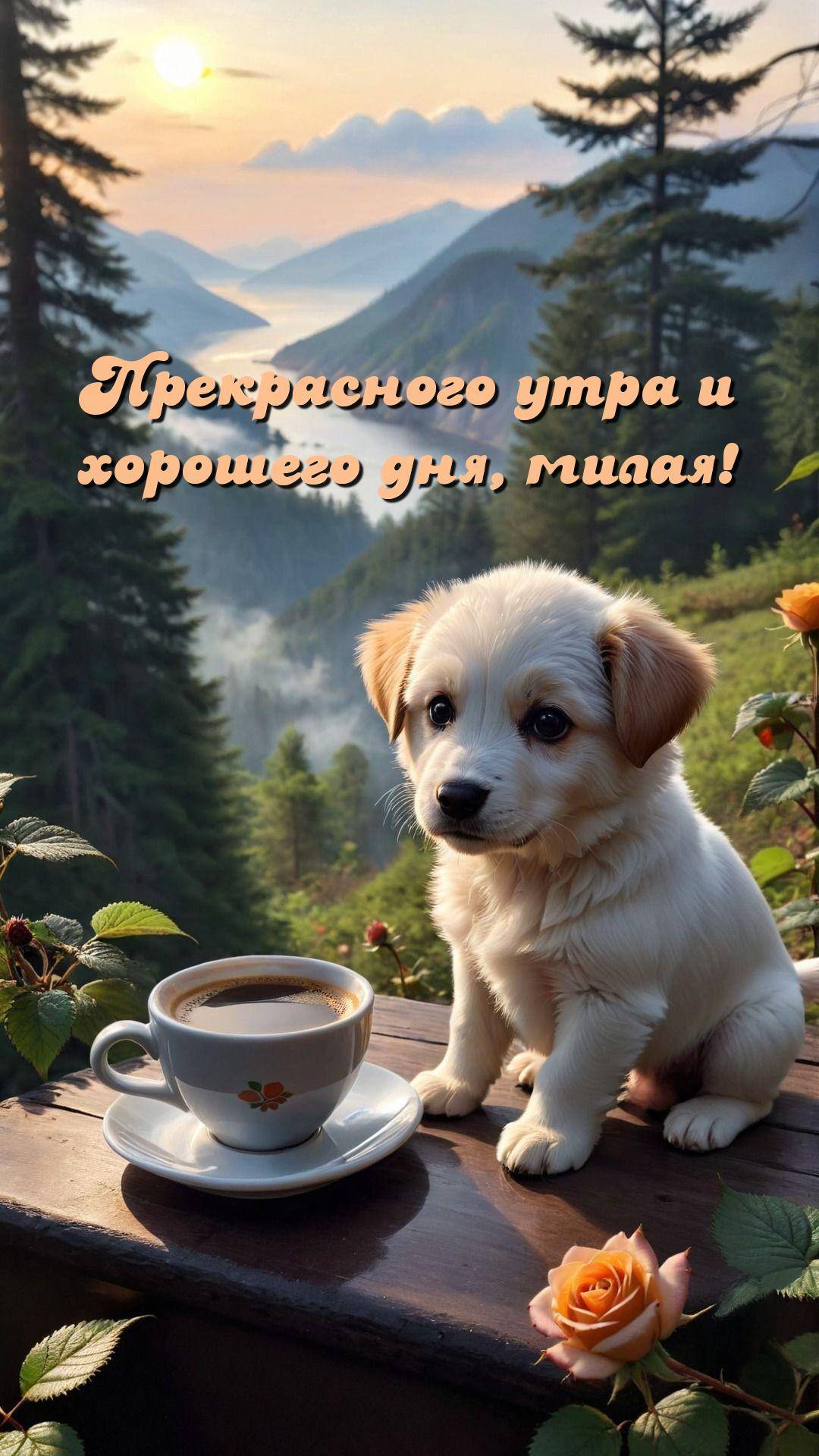 Белый щенок рядом с чашкой кофе на фоне рассвета