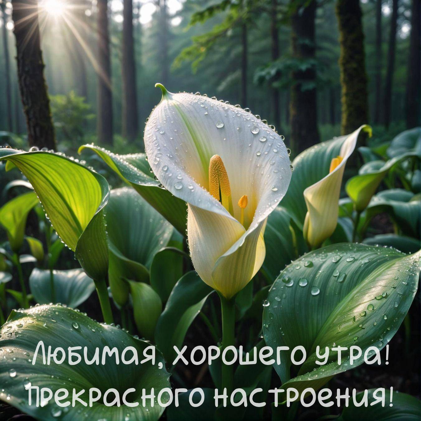 Белый цветок с каплями росы в лесу