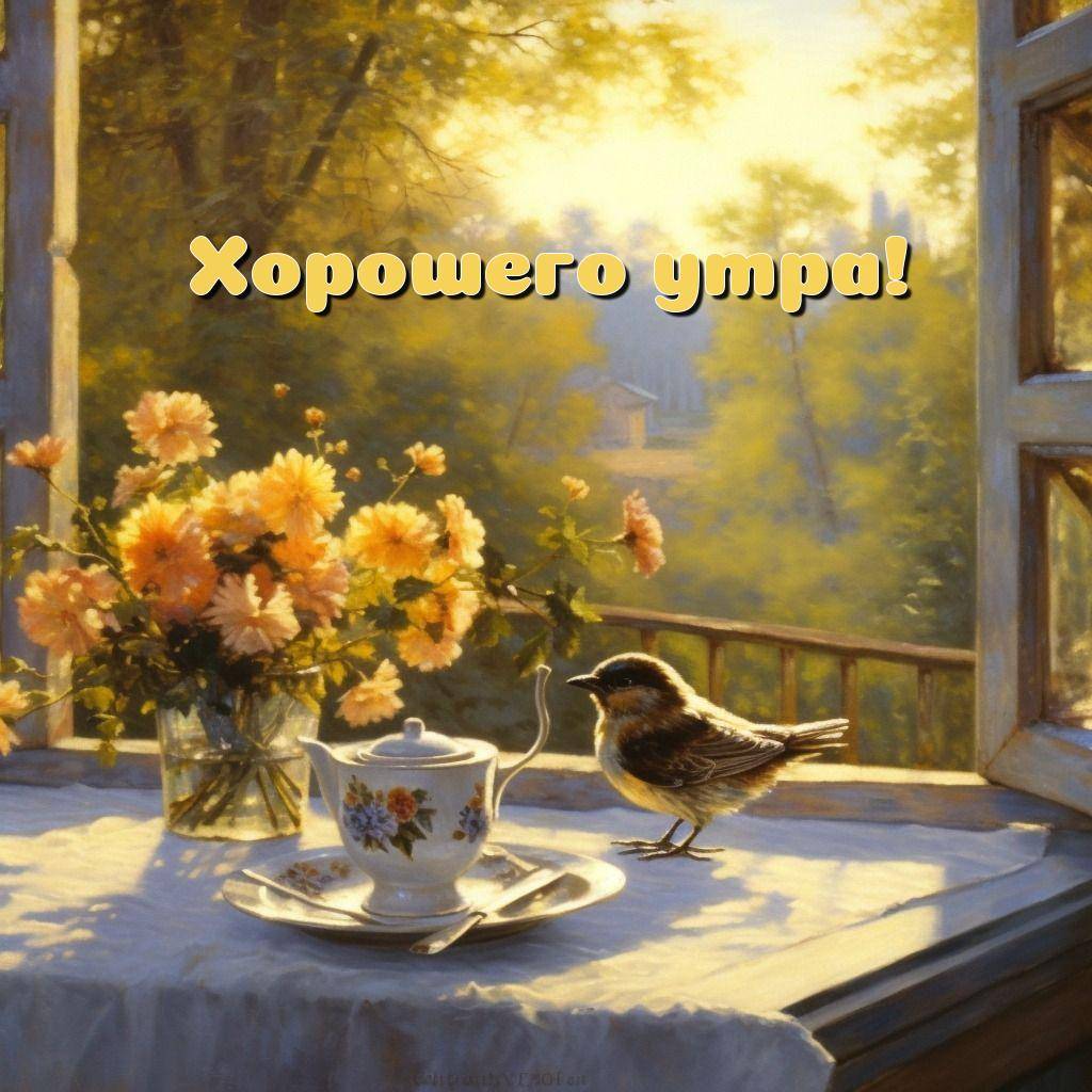 Белый заварник с птицей на столе у окна