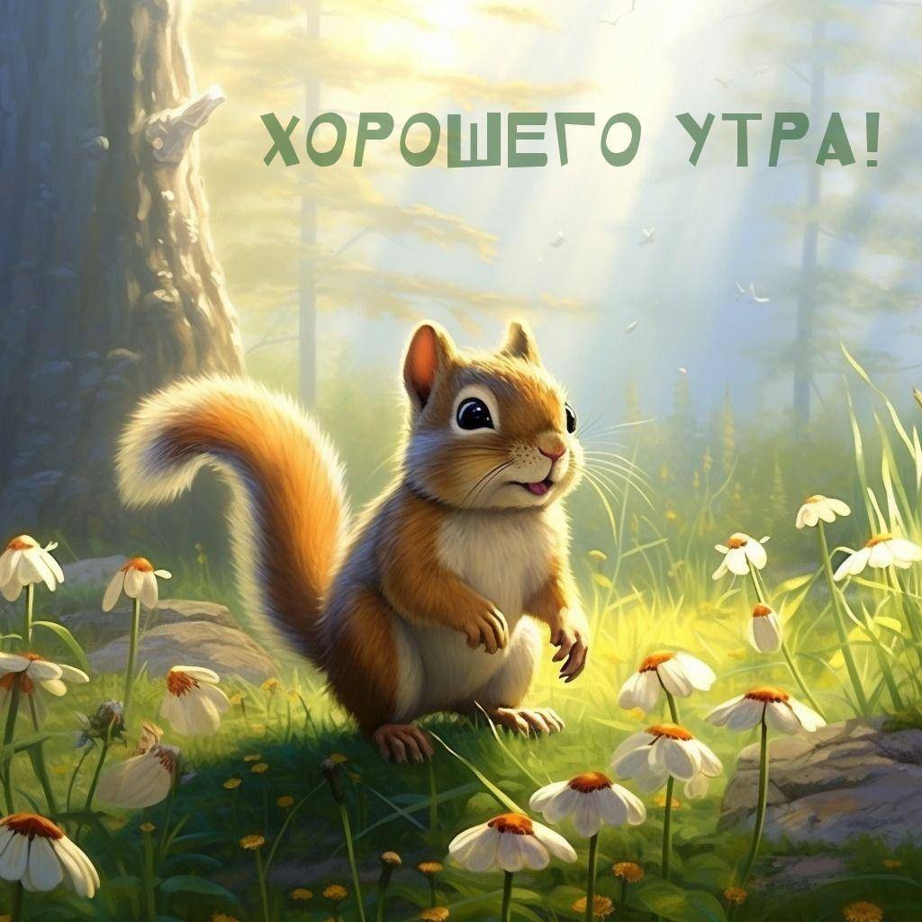 Белка на поляне с цветами в лесу