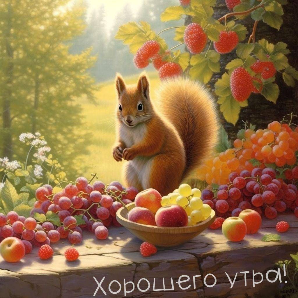Белка среди ягод и фруктов на каменной стене