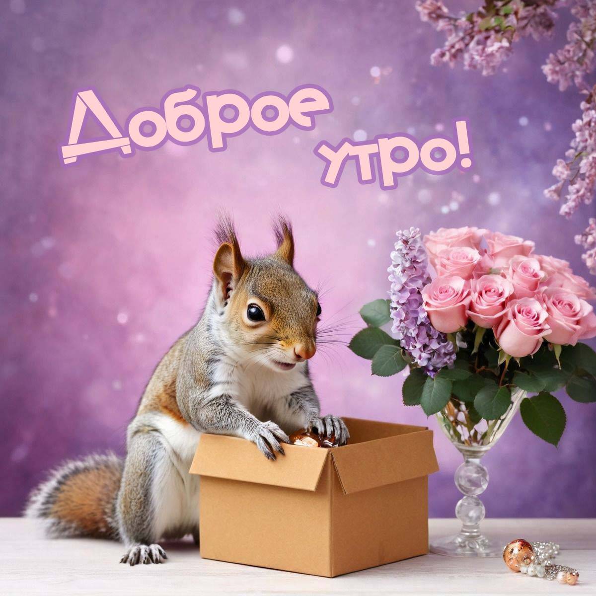 Белка выбирает орехи из коробки с цветами