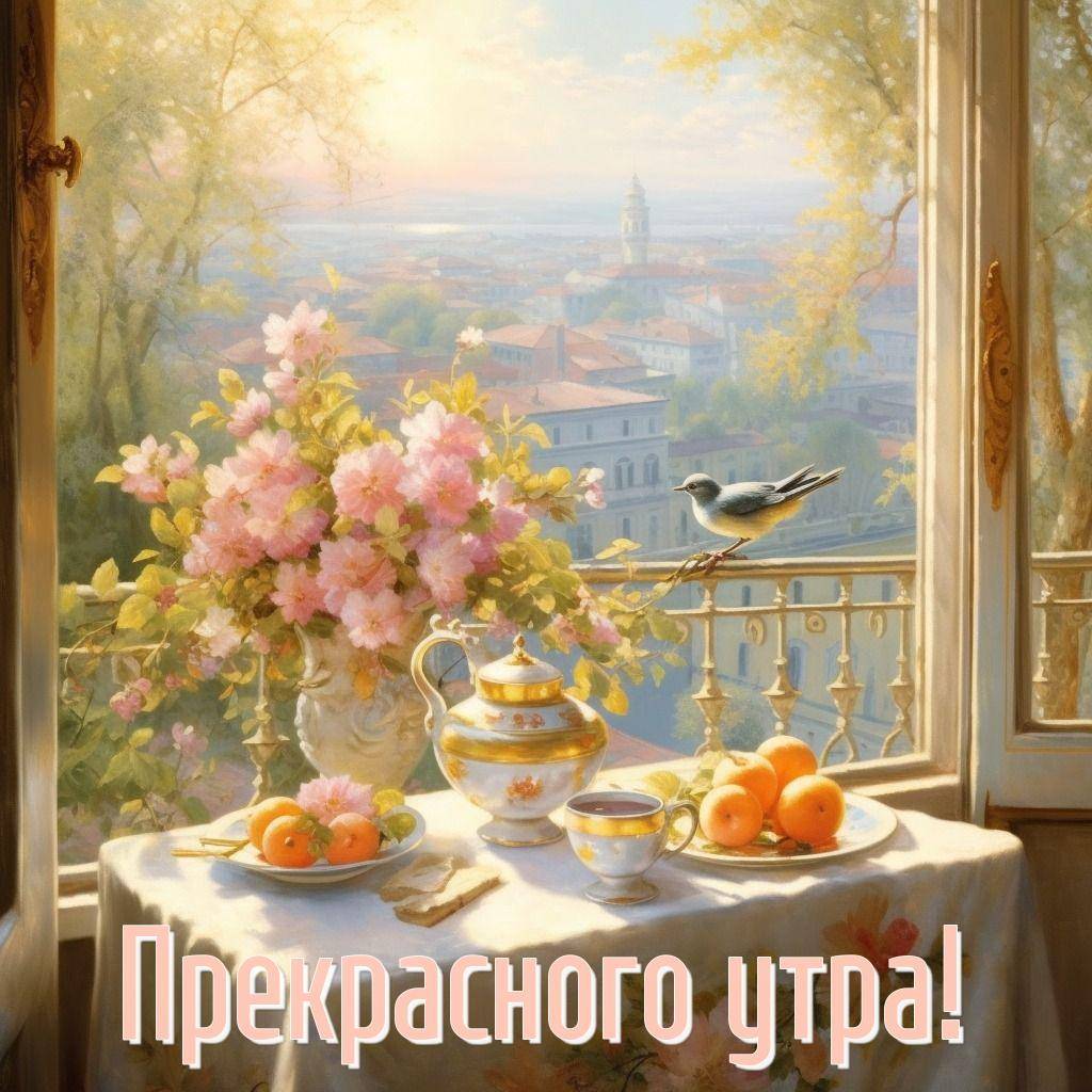 Белоснежный стол с чаем и цветами на балконе
