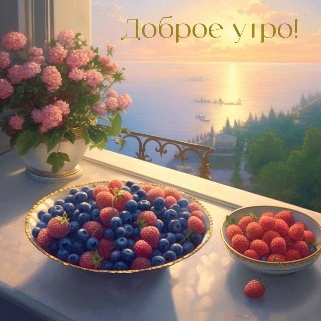 Блюда с ягодами на подоконнике, ваза с гортензиями, вид на море