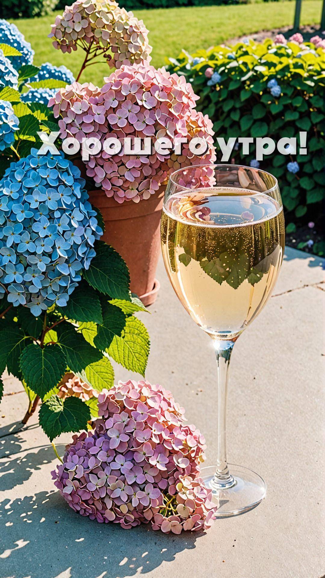 Бокал белого вина на фоне гортензий