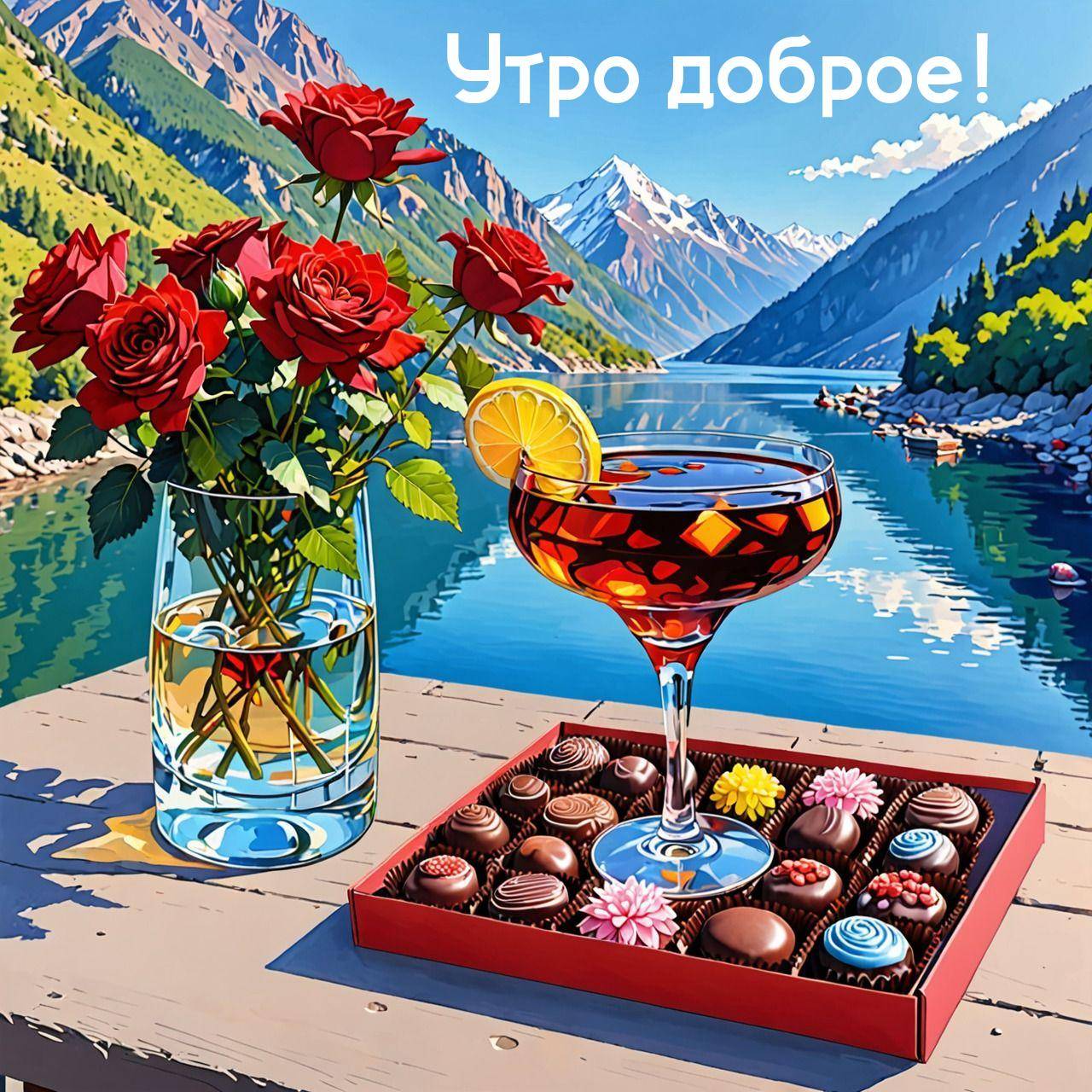 Бокал напитка, ваза с розами и конфеты на фоне гор