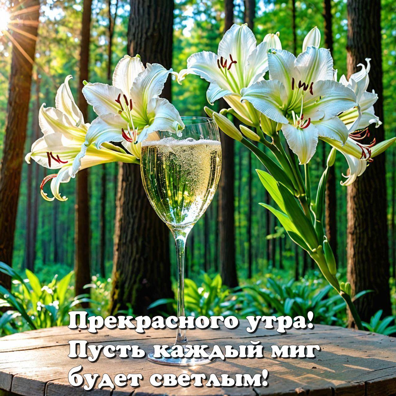 Бокал с шампанским на фоне цветущих лилий
