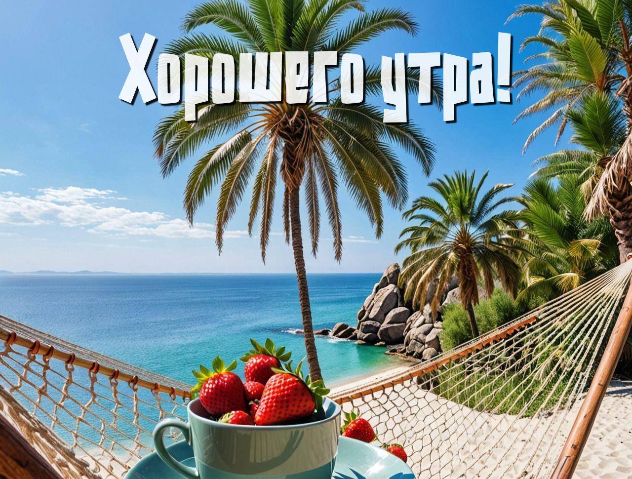 Большая чашка с клубникой на гамаке у моря