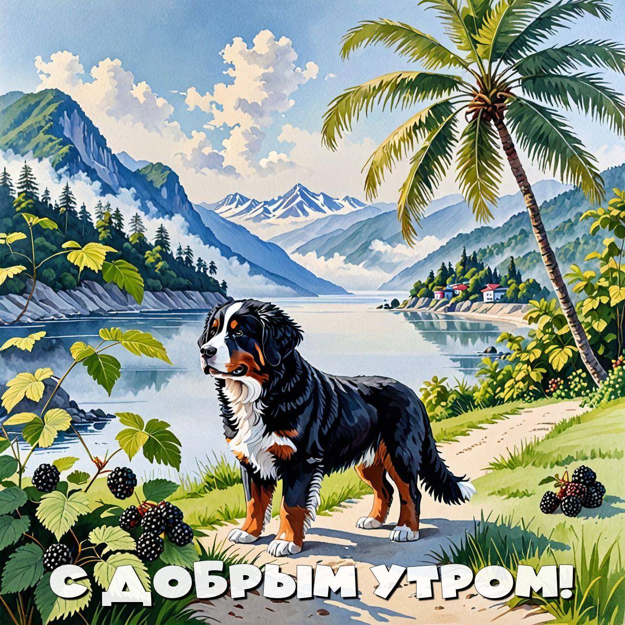 Большая собака на берегу озера, горы, пальмы