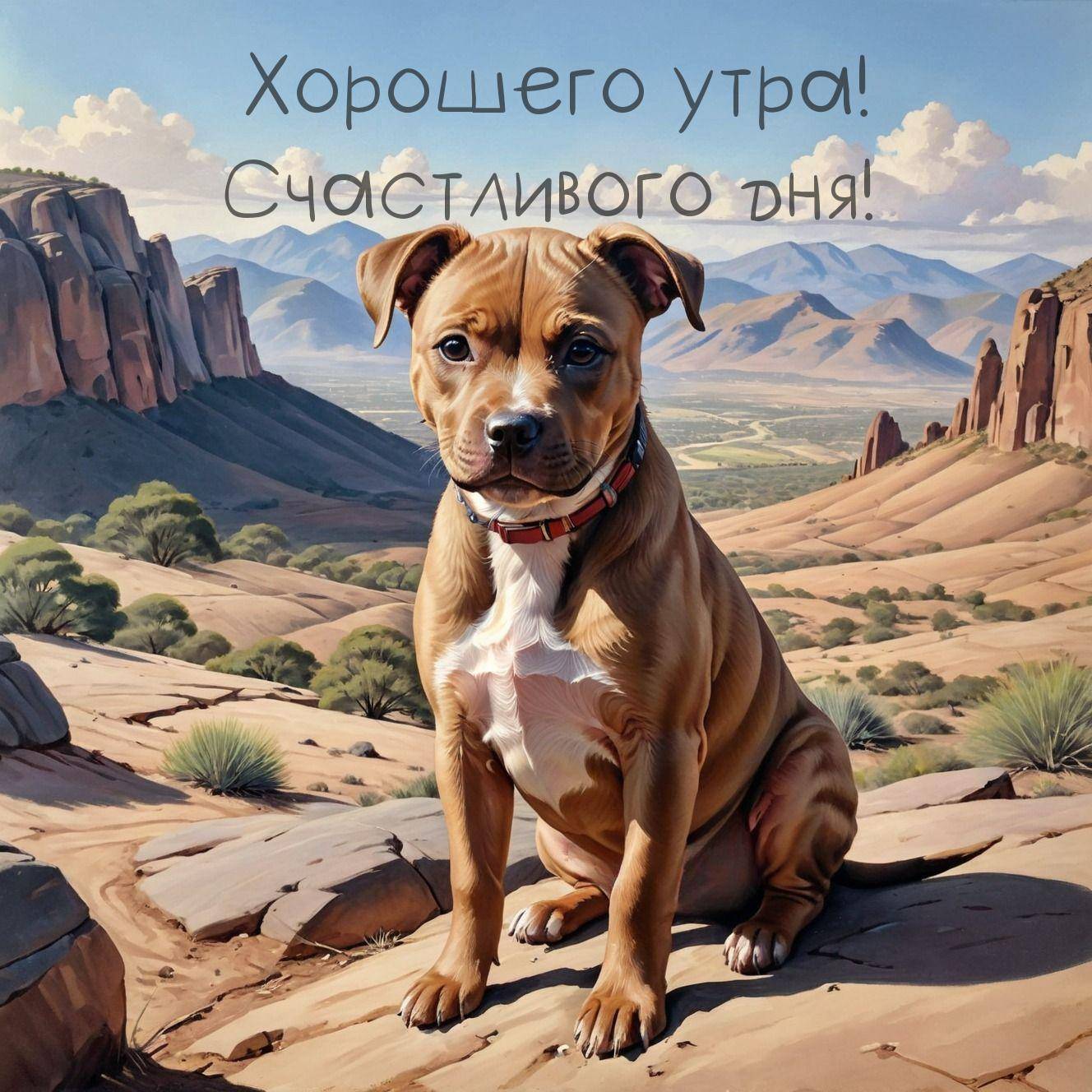 Большая собака на фоне красных скал и долины