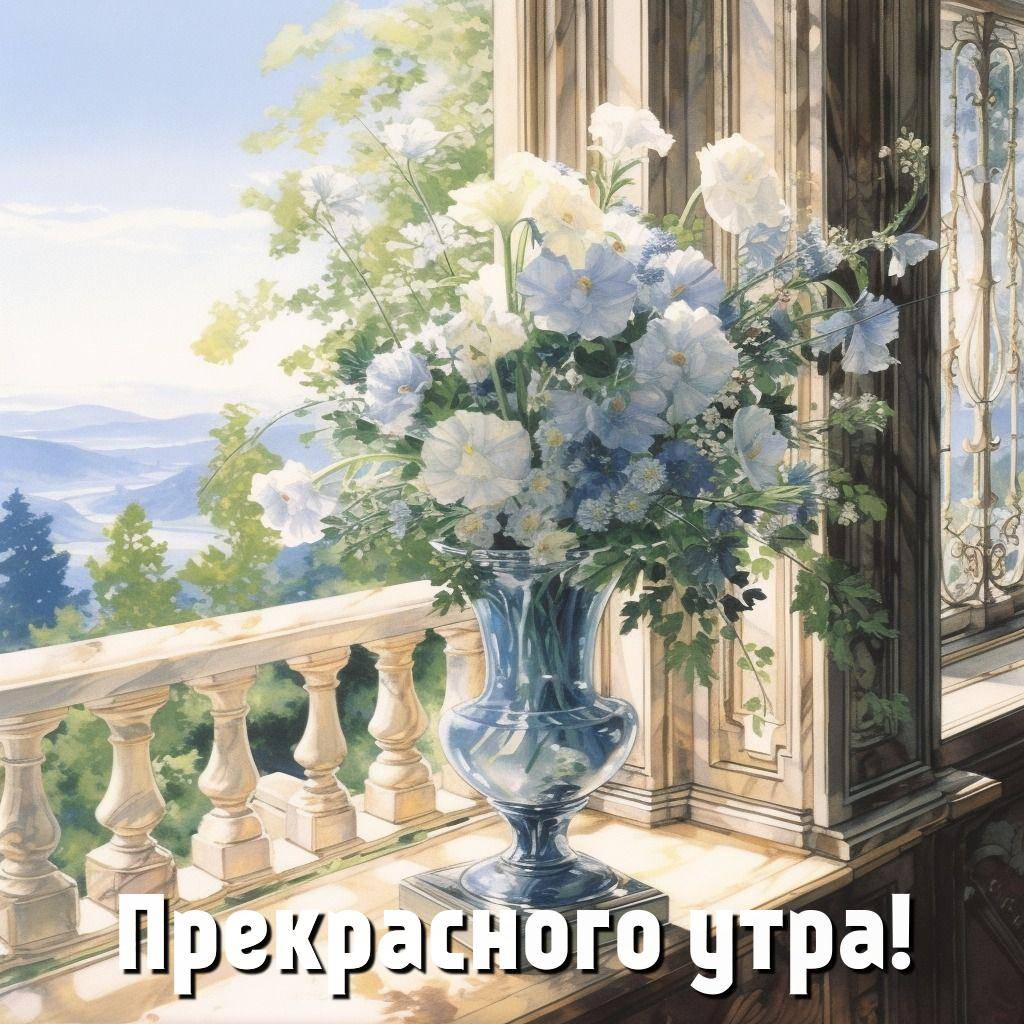 Букет голубых и белых цветов в вазе на подоконнике
