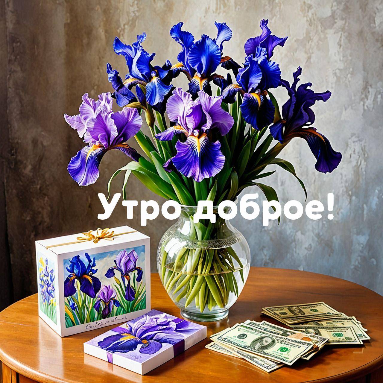 Букет ирисов в стеклянной вазе на столе рядом с деньгами