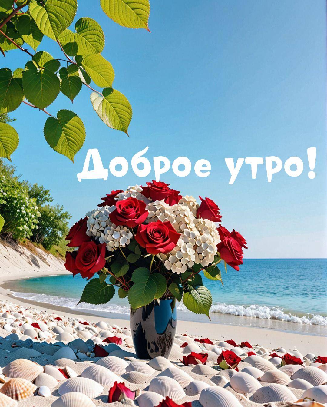 Букет красных роз и белых цветов на пляже