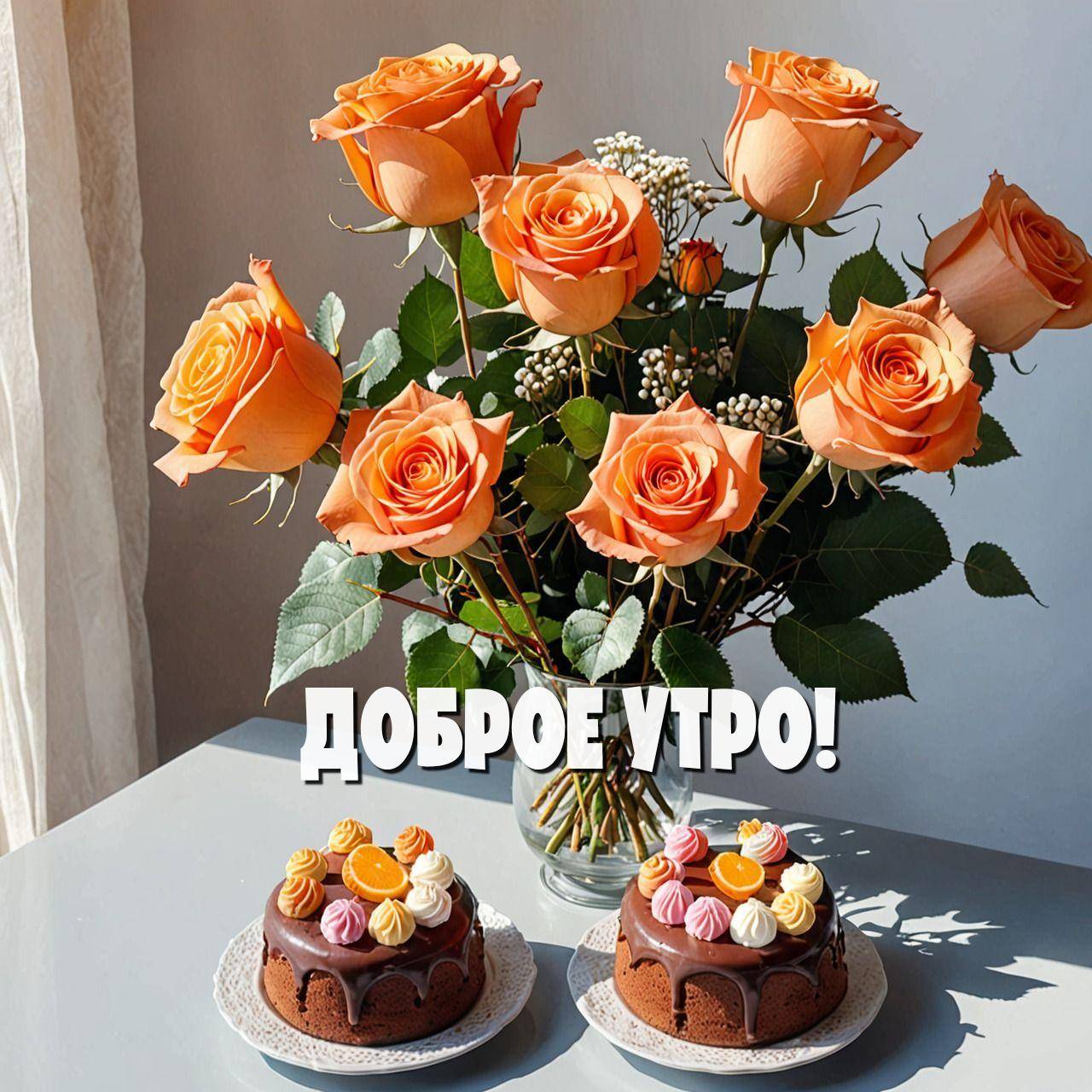 Букет оранжевых роз в стеклянной вазе и два шоколадных торта