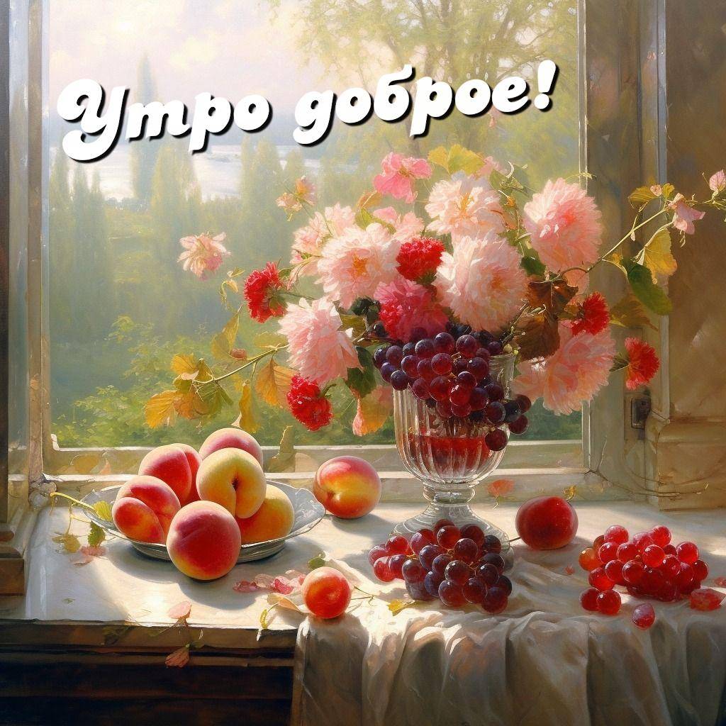 Букет пионов на подоконнике, свежие фрукты, вид на реку