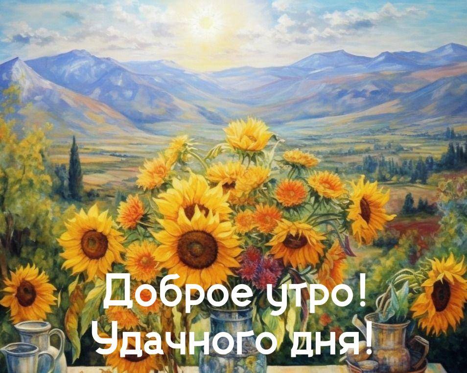 Букет подсолнухов в вазе на фоне горного пейзажа