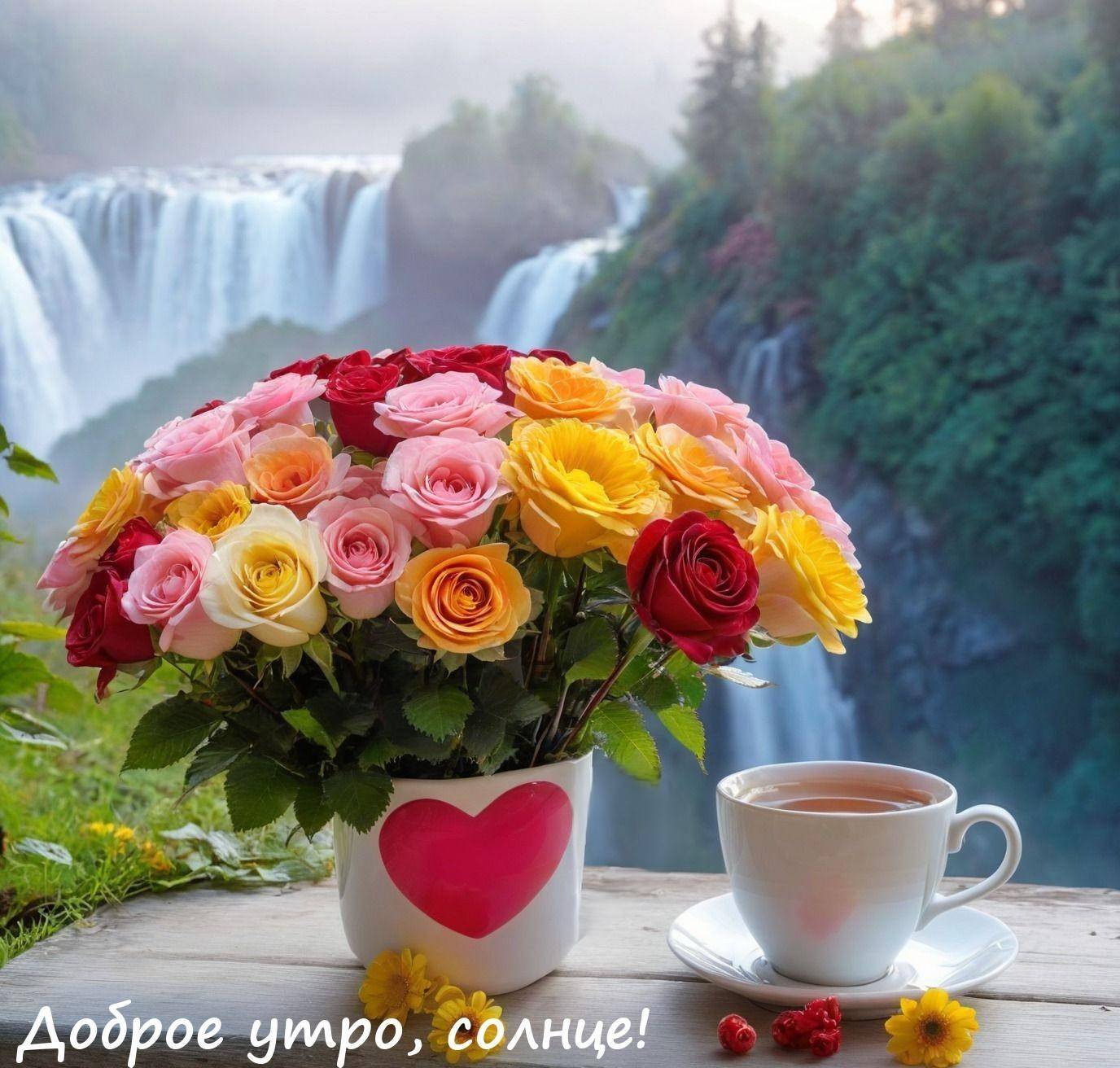 Букет разноцветных роз и чашка чая на фоне водопада