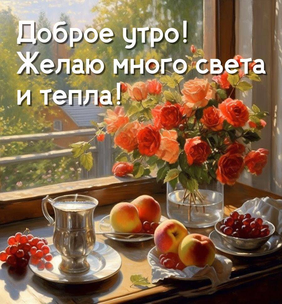 Букет роз на подоконнике, фрукты и чашка кофе