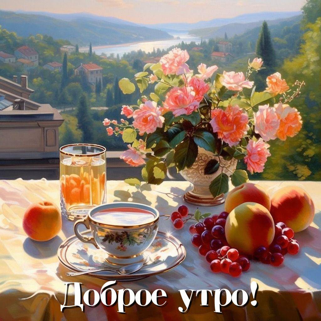 Букет роз на столе с фруктами и чашкой чая