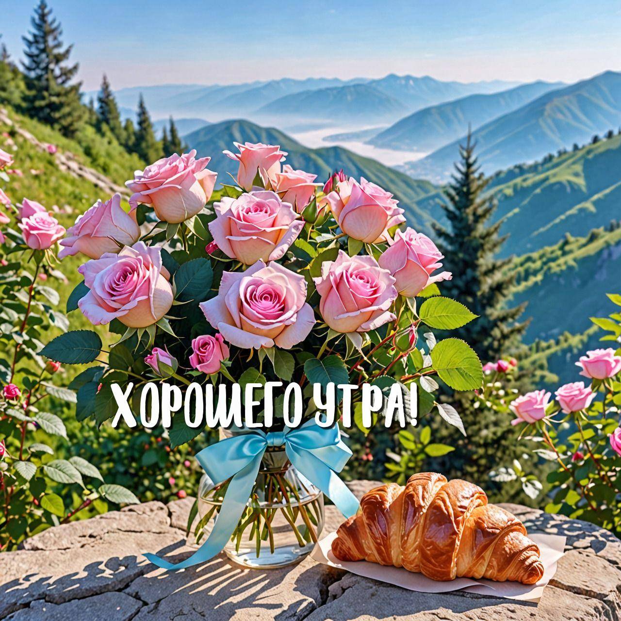 Букет роз с лентой и круассаны на фоне гор