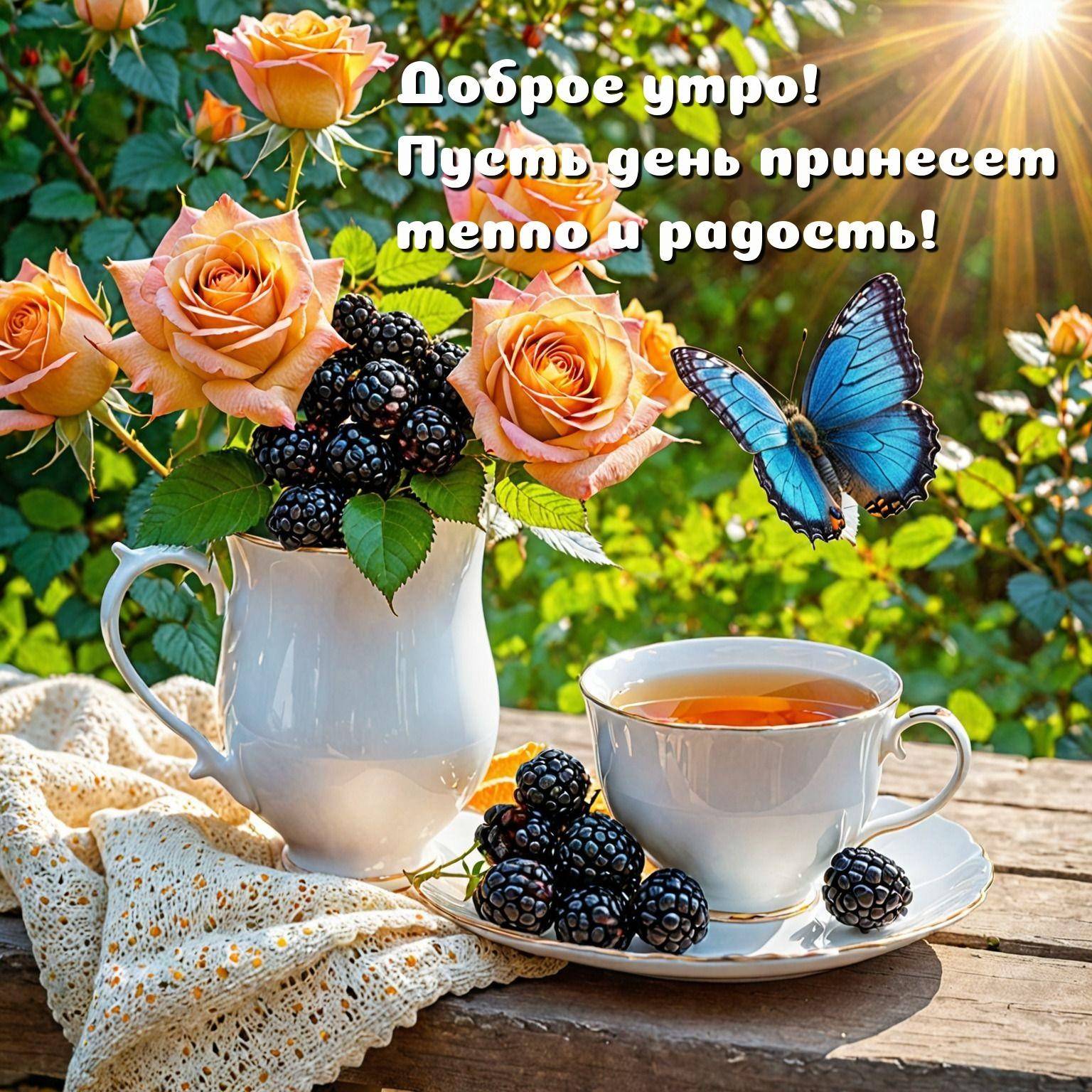 Букет роз в кувшине, чашка чая, ежевика и бабочка