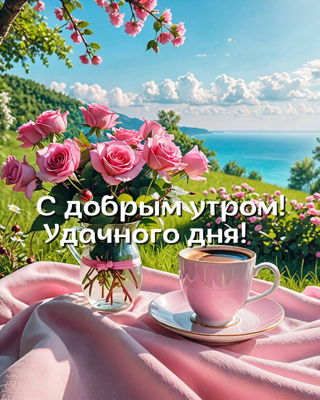 Букет роз в вазе и чашка кофе на фоне моря