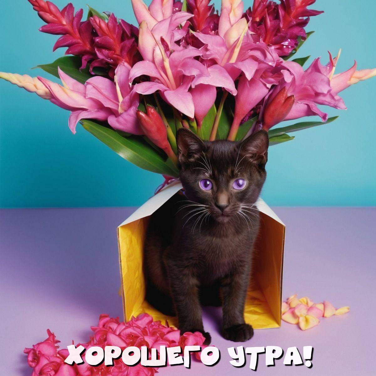 Букет розовых цветов и черный кот в коробке