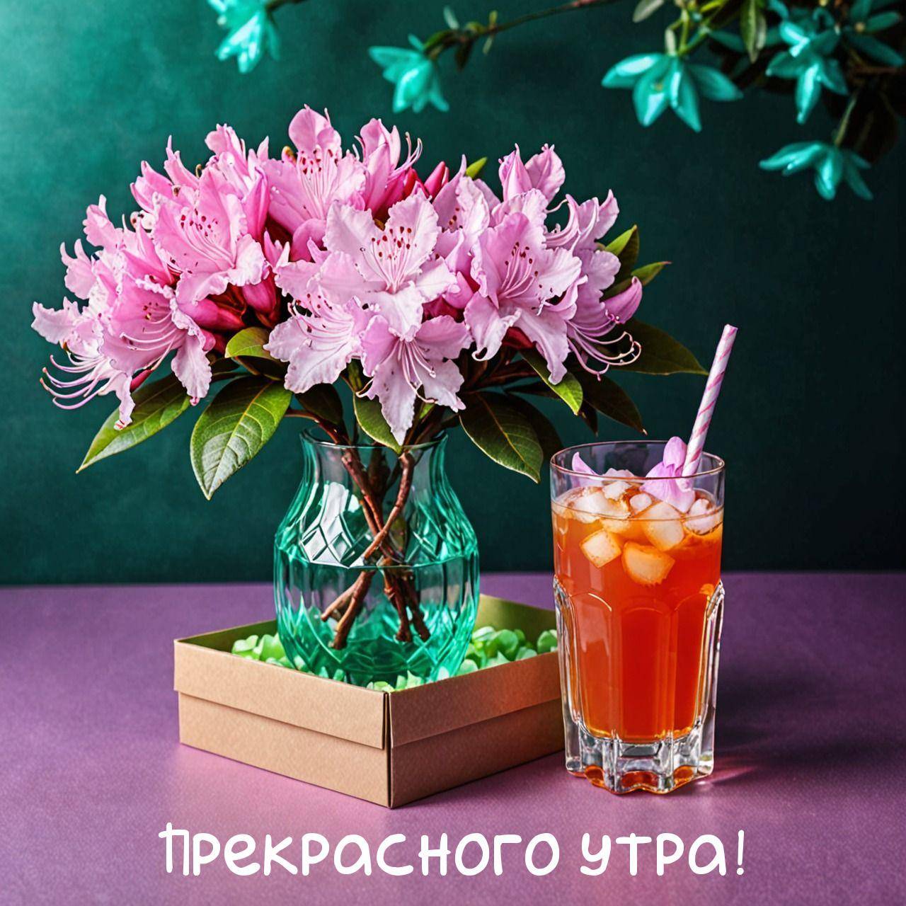 Букет розовых цветов в вазе и стакан сок с льдом