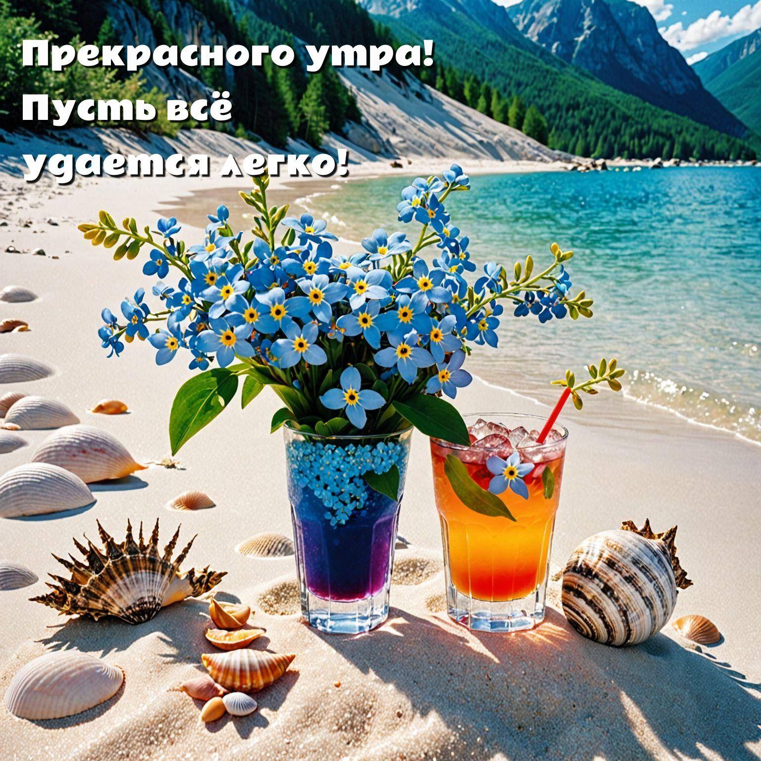 Букет синих цветов и коктейль на пляже