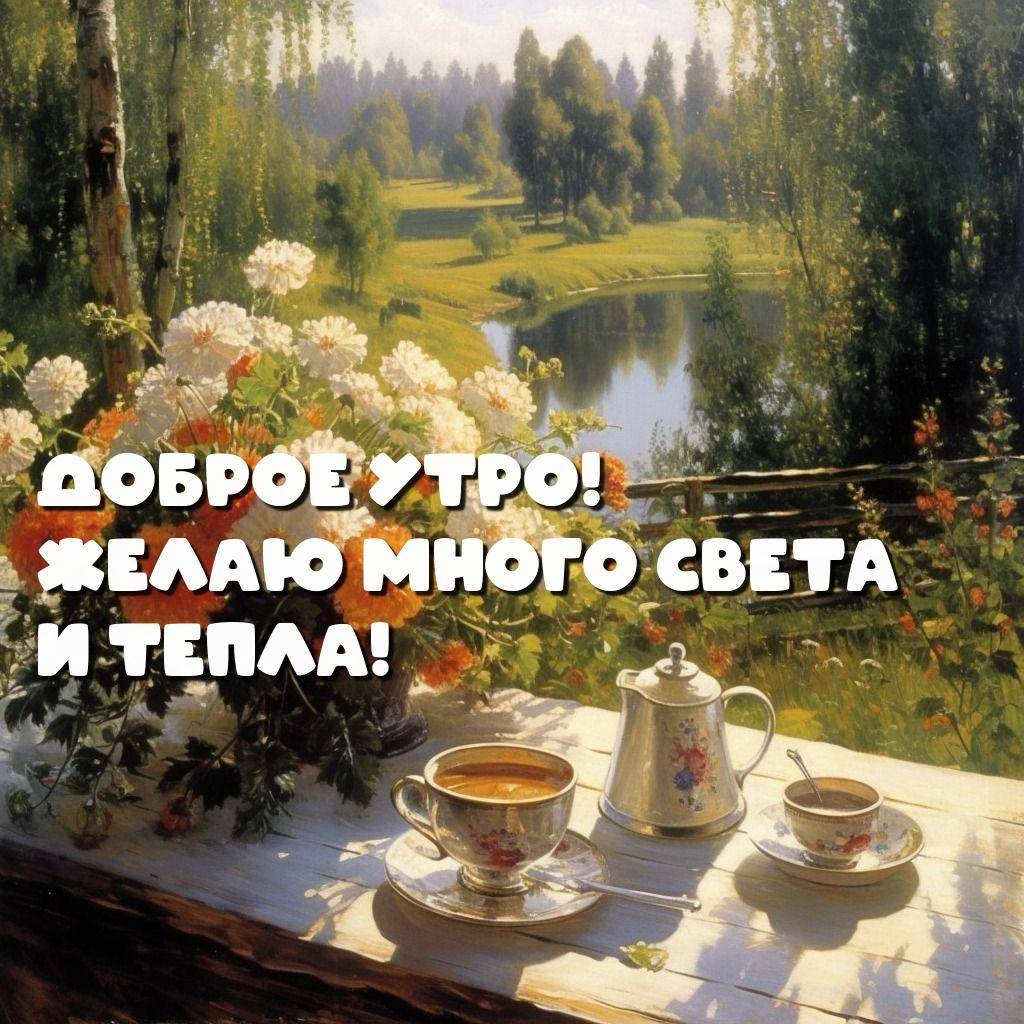Букет цветов и чай на фоне леса и реки