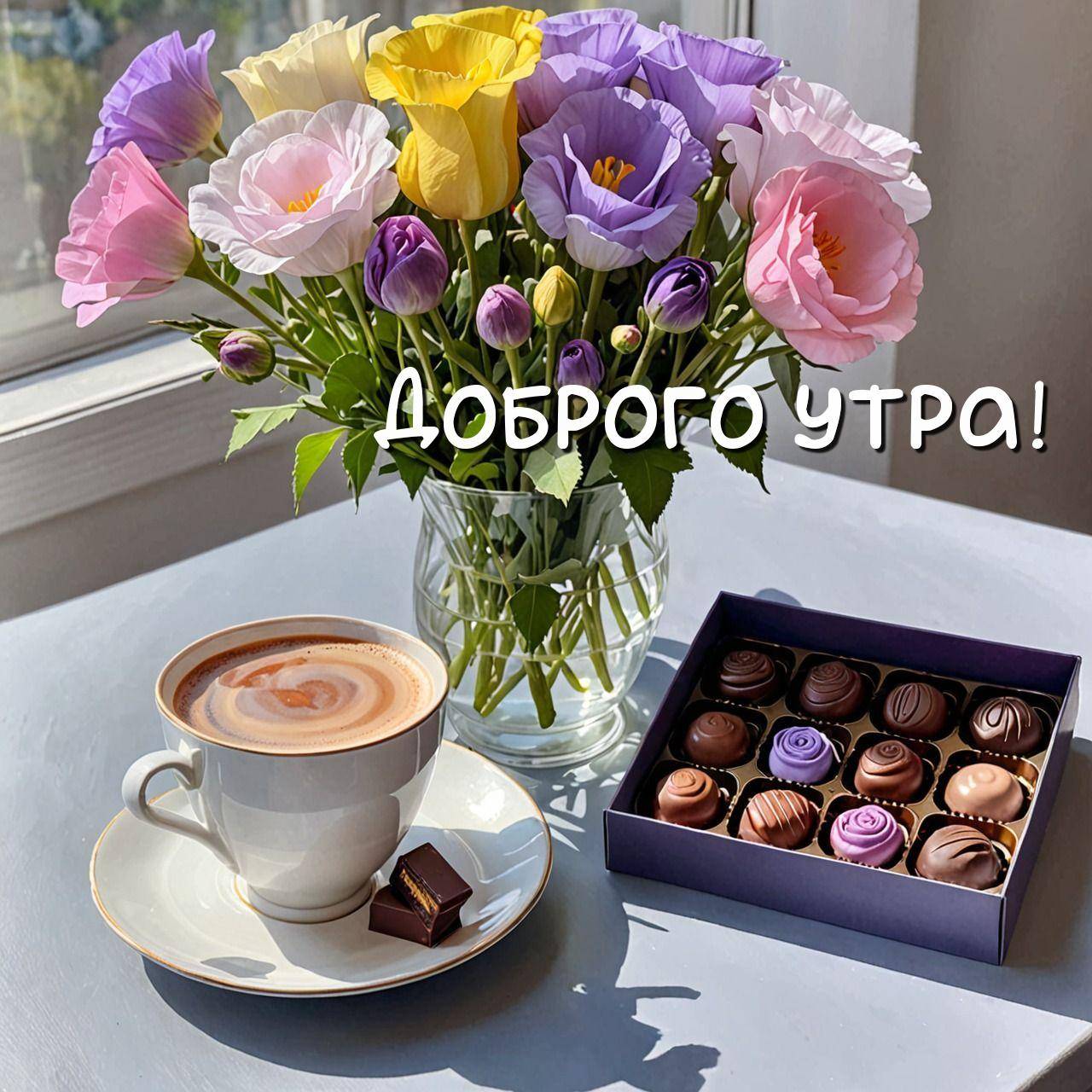 Букет цветов и чашка кофе на подоконнике, коробка конфет