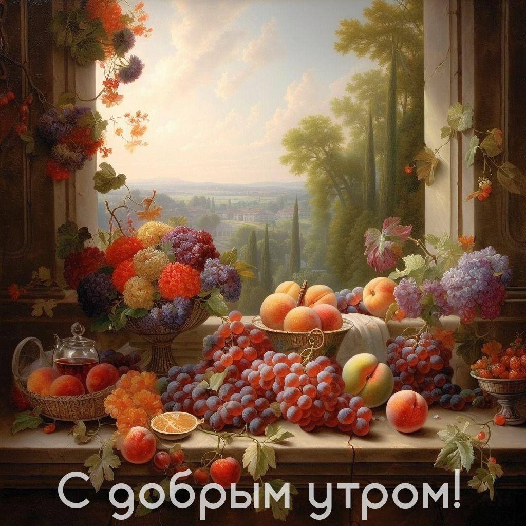 Букет цветов и фрукты на подоконнике