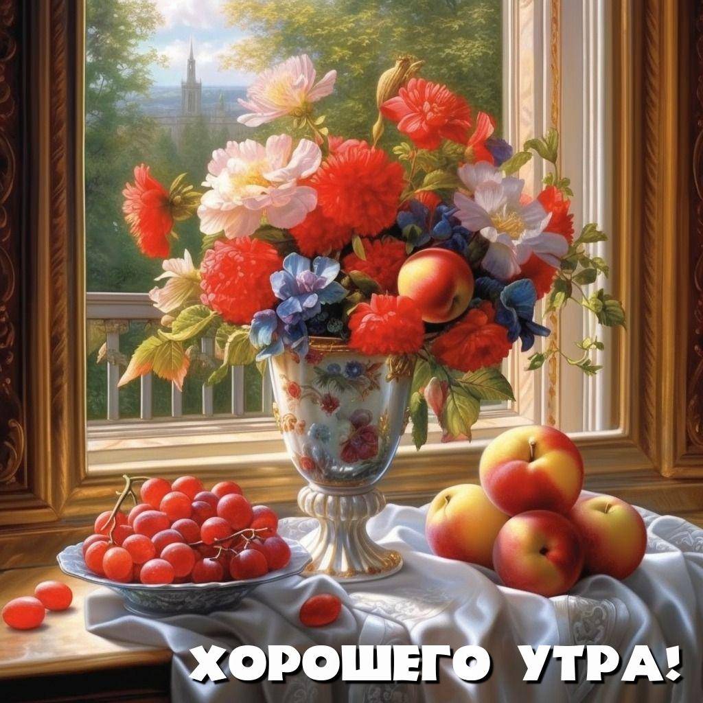 Букет цветов и фрукты на подоконнике