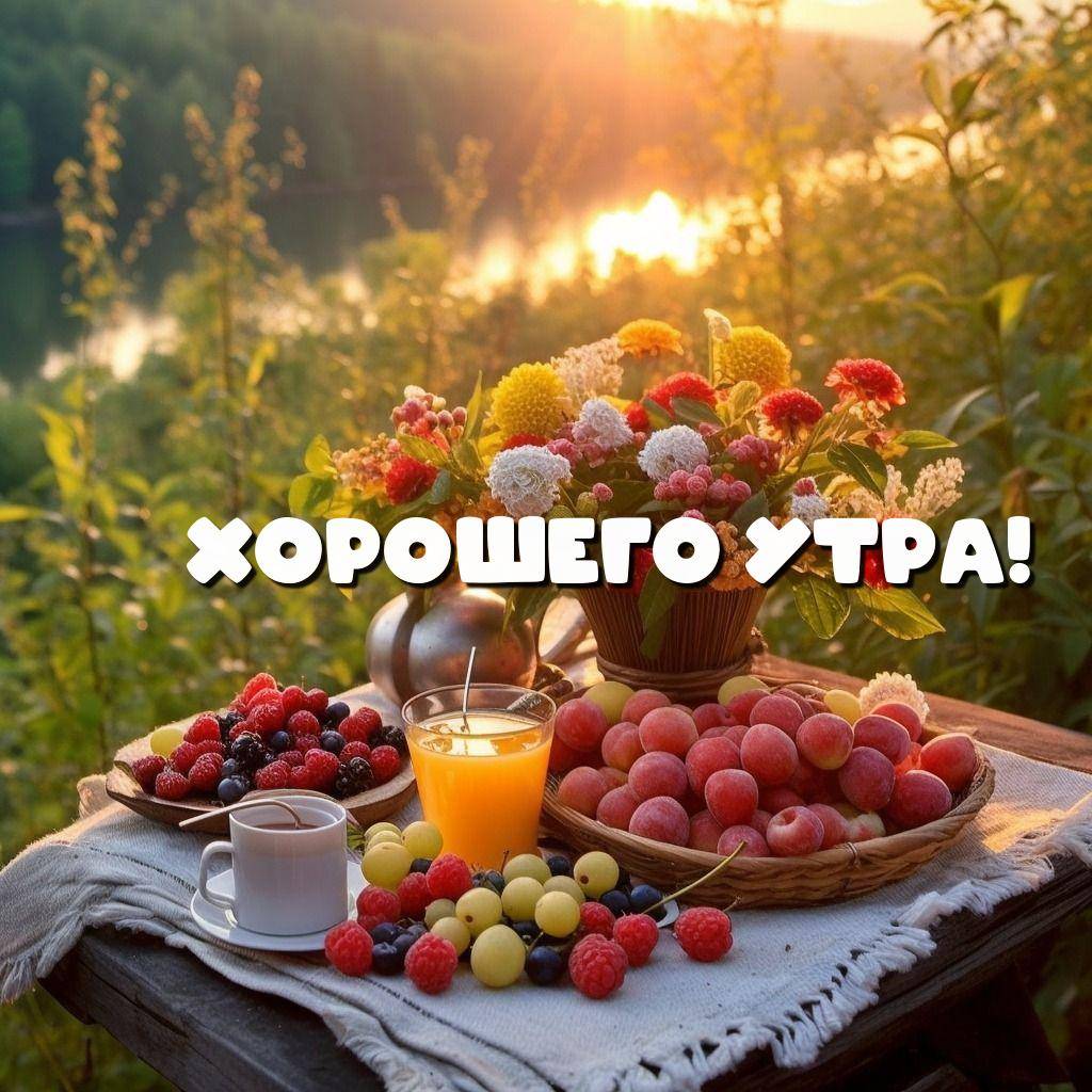 Букет цветов и свежие фрукты на фоне озера