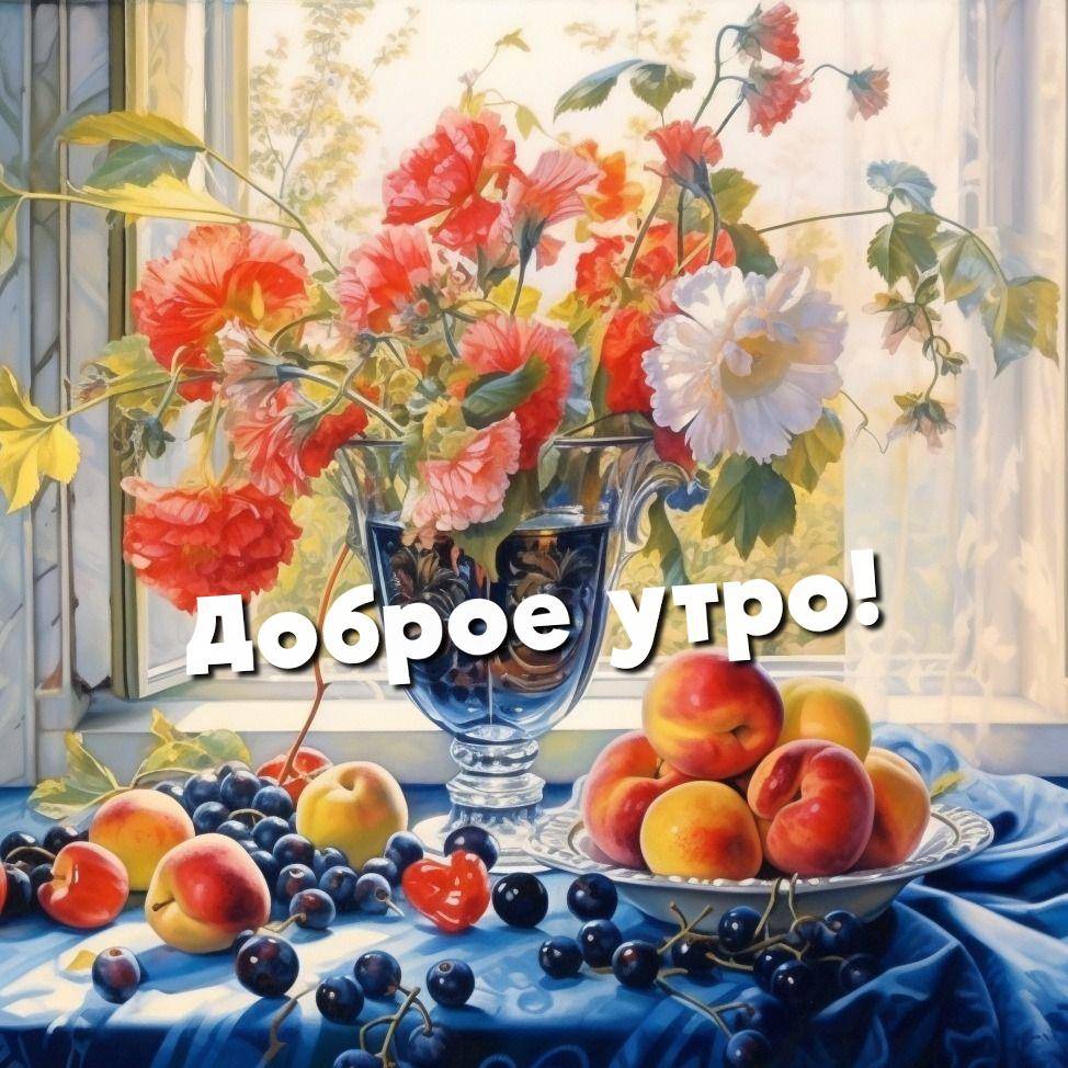 Букет цветов и свежие фрукты на столе
