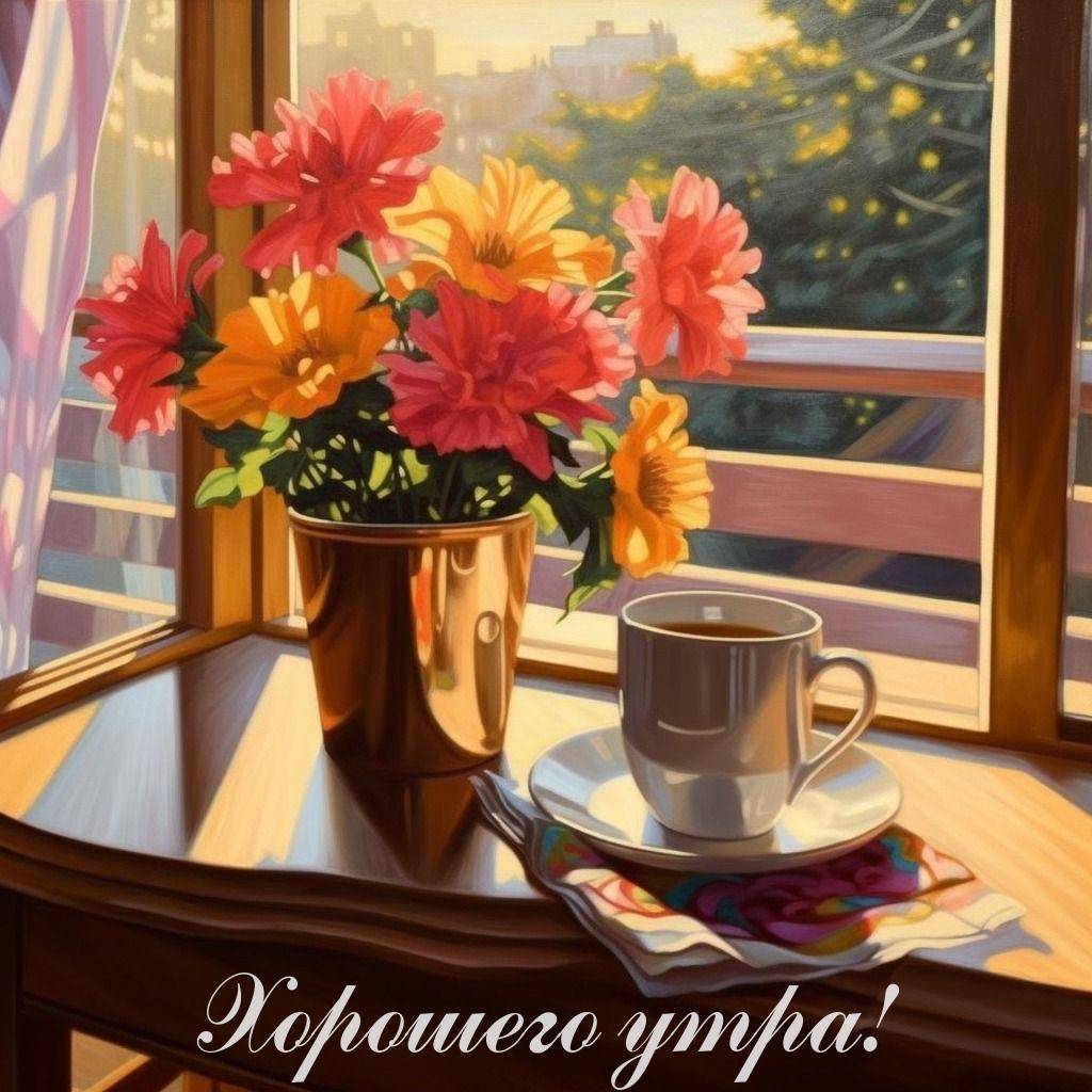 Букет цветов на подоконнике, чашка кофе на столе