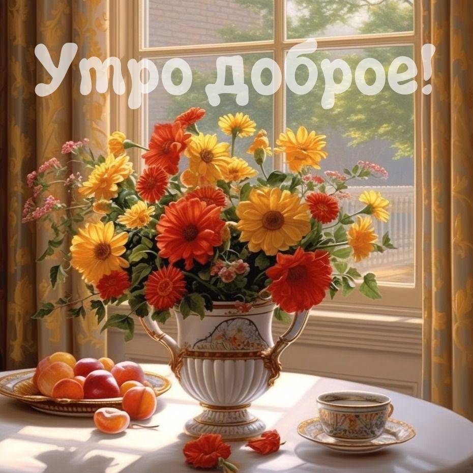Букет цветов на подоконнике, чашка кофе, свежие фрукты