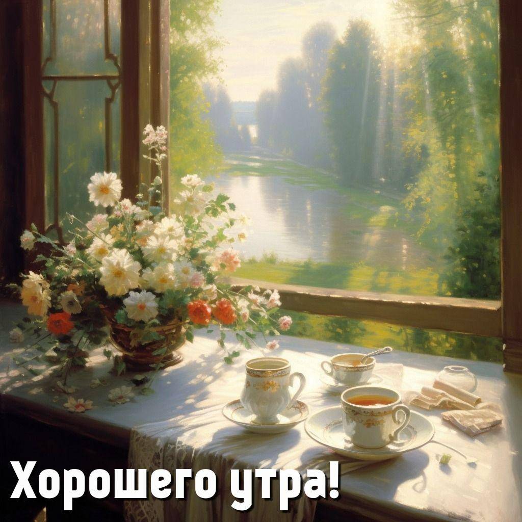 Букет цветов на подоконнике, чашки с чаем, вид на реку