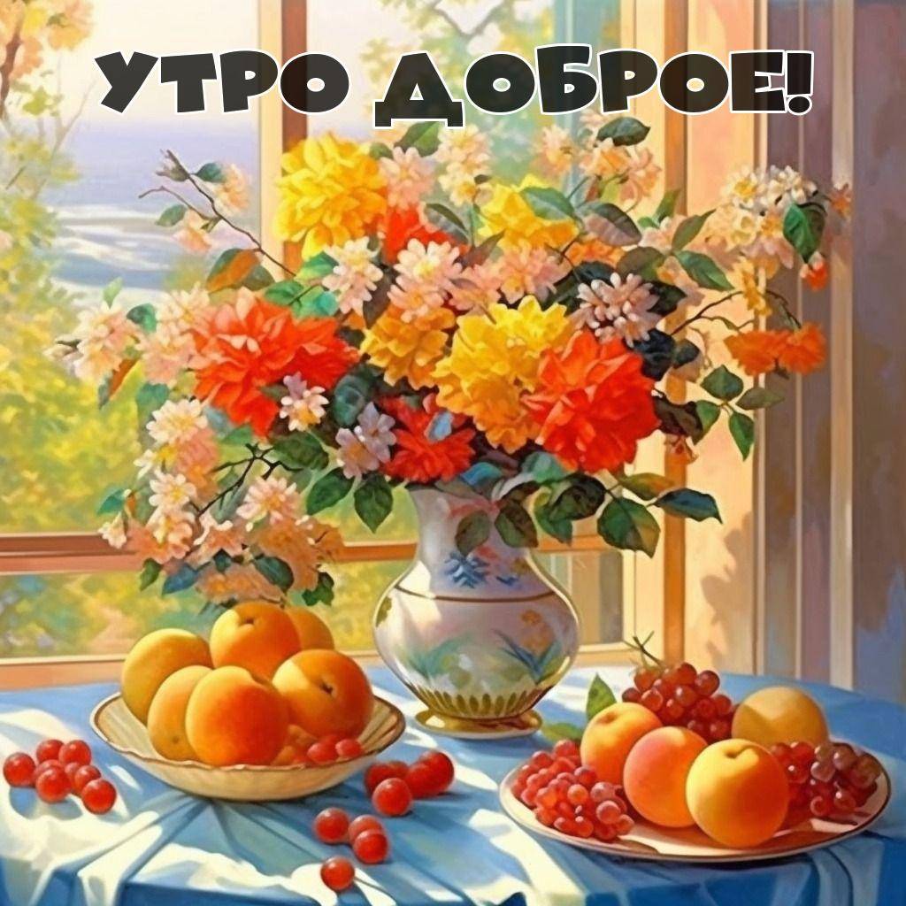 Букет цветов на подоконнике, фрукты на столе