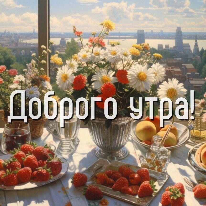 Букет цветов на подоконнике, клубника на тарелке, вид на город