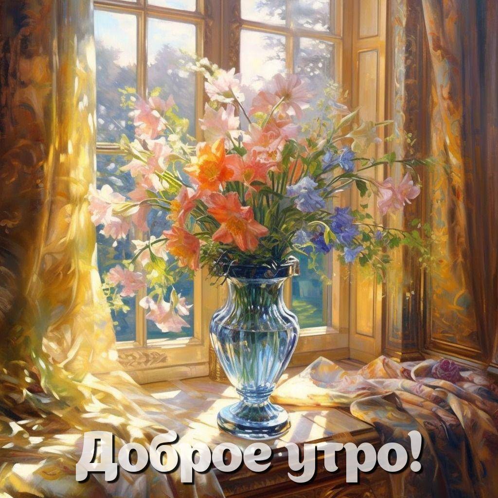 Букет цветов на подоконнике, мягкий свет, занавески