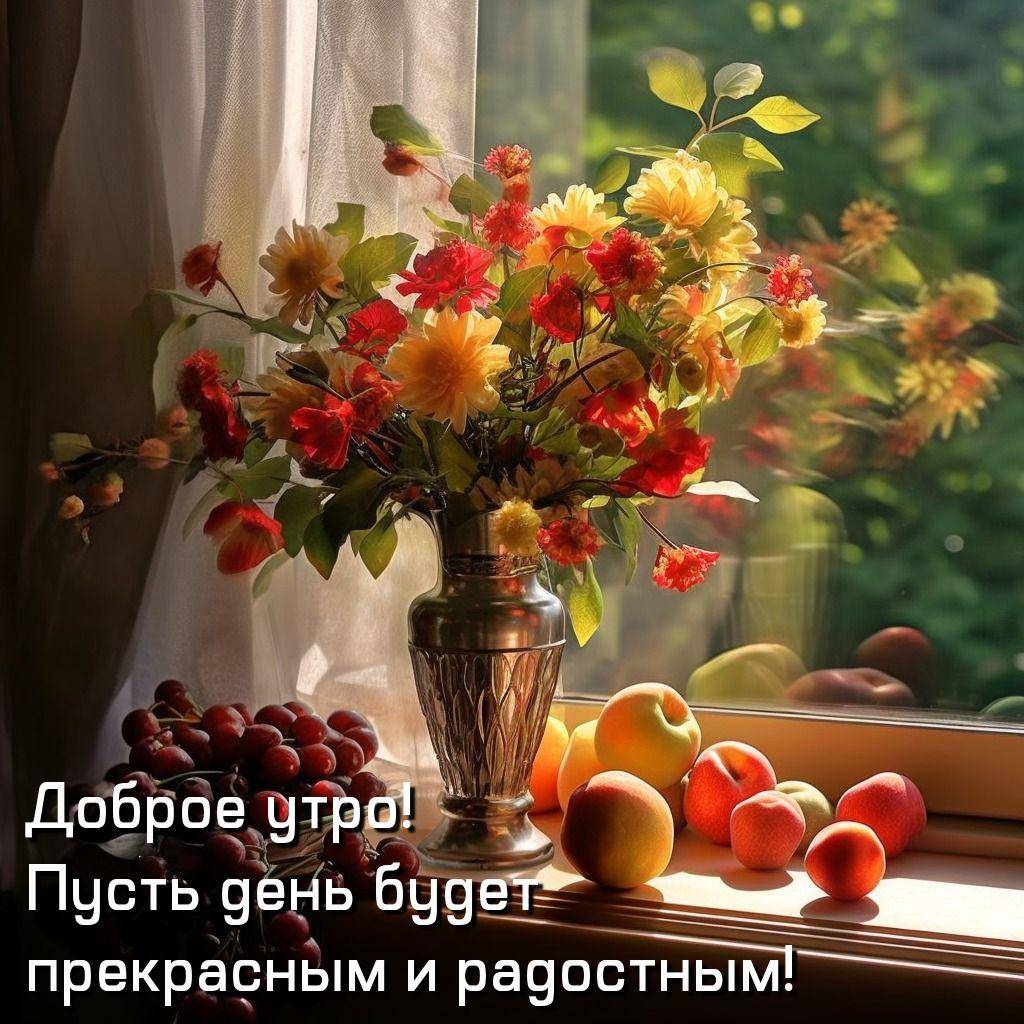 Букет цветов на подоконнике, свежие фрукты в лучах солнца