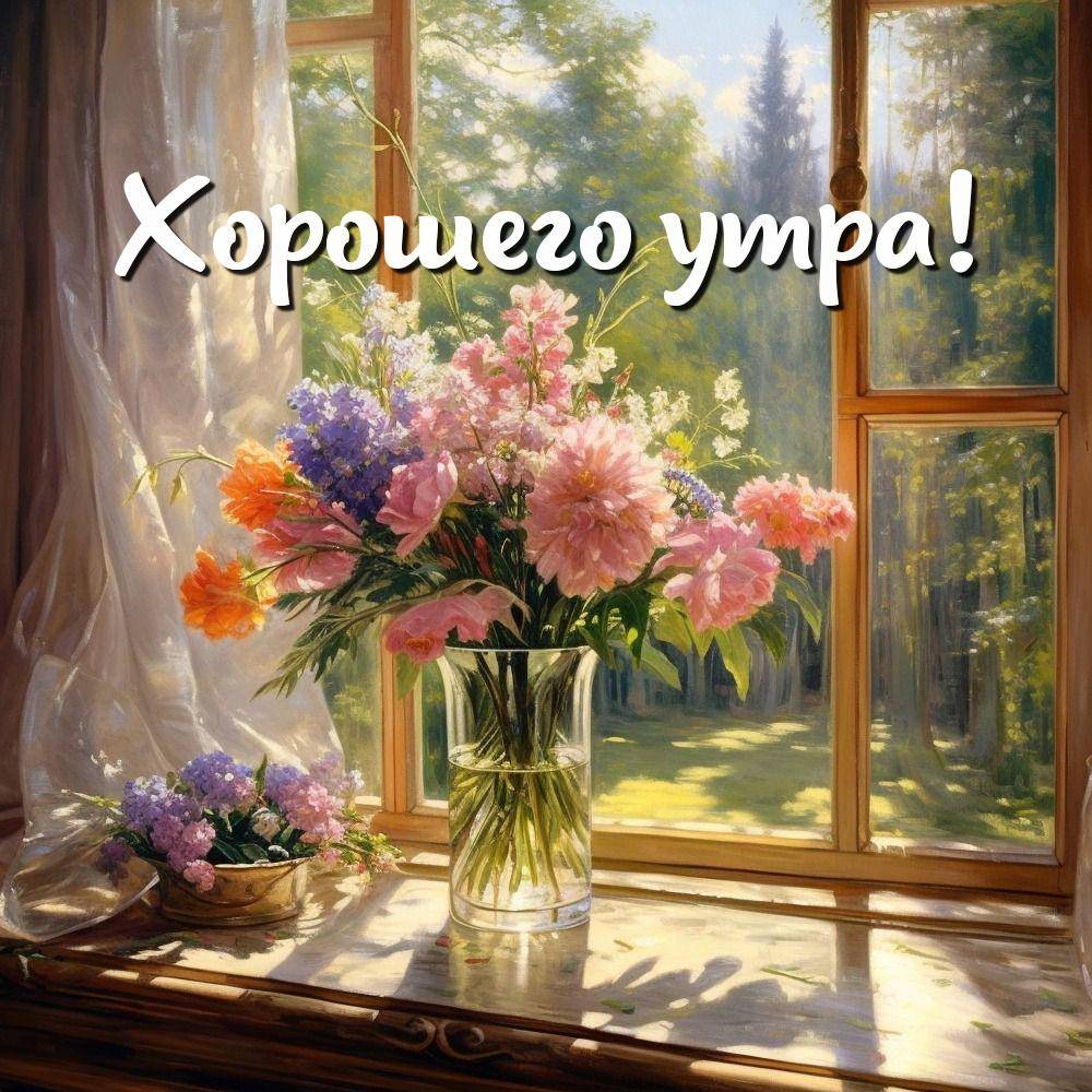 Букет цветов на подоконнике, вид на лес