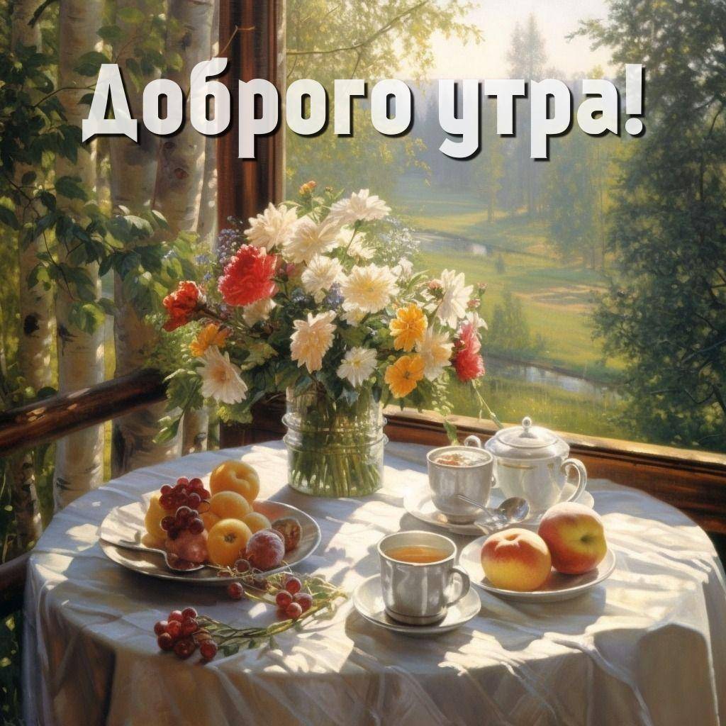 Букет цветов на столе, фрукты, чай у окна с видом на природу