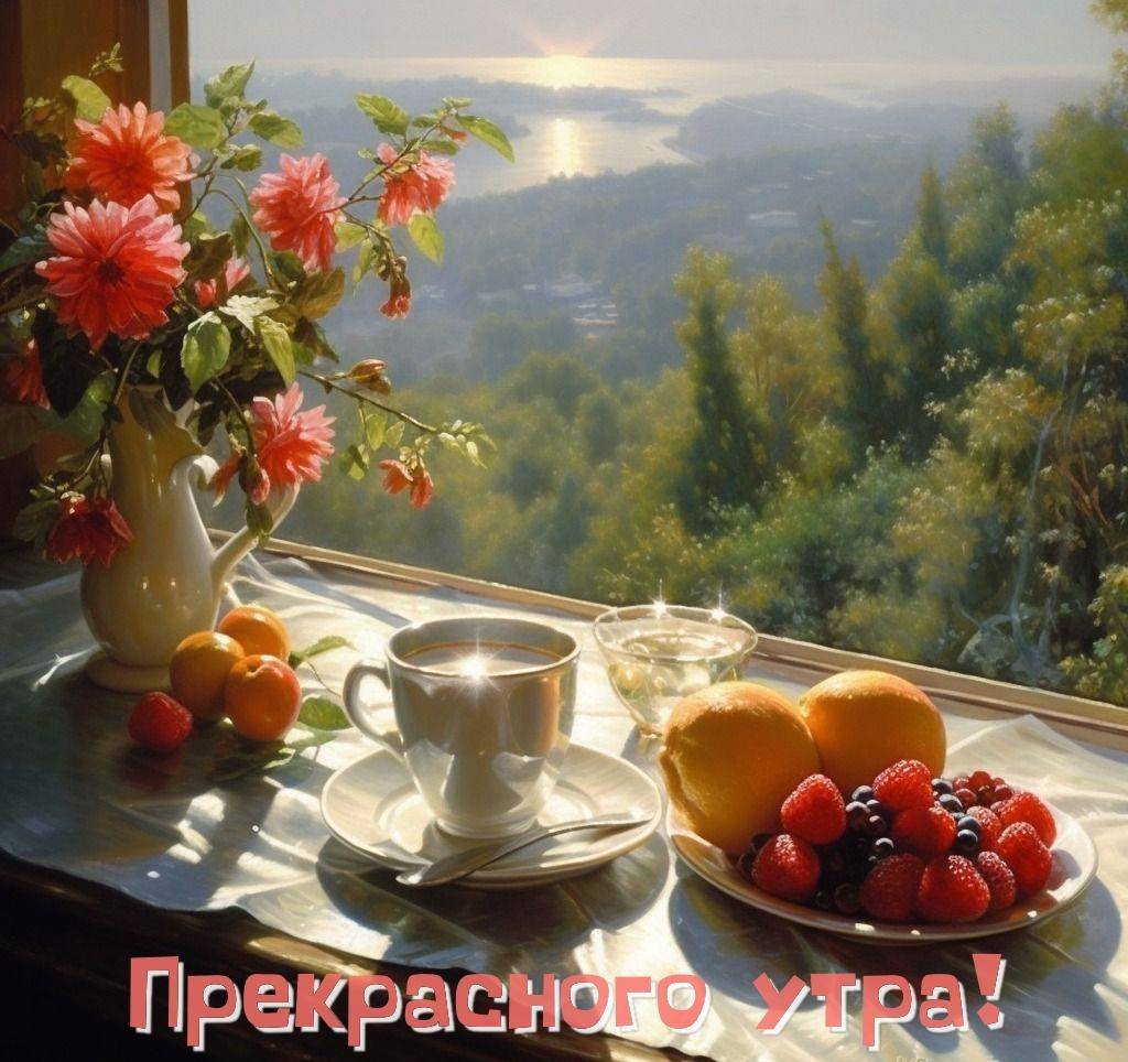 Букет цветов у окна, чашка кофе, фрукты, вид на рассвет